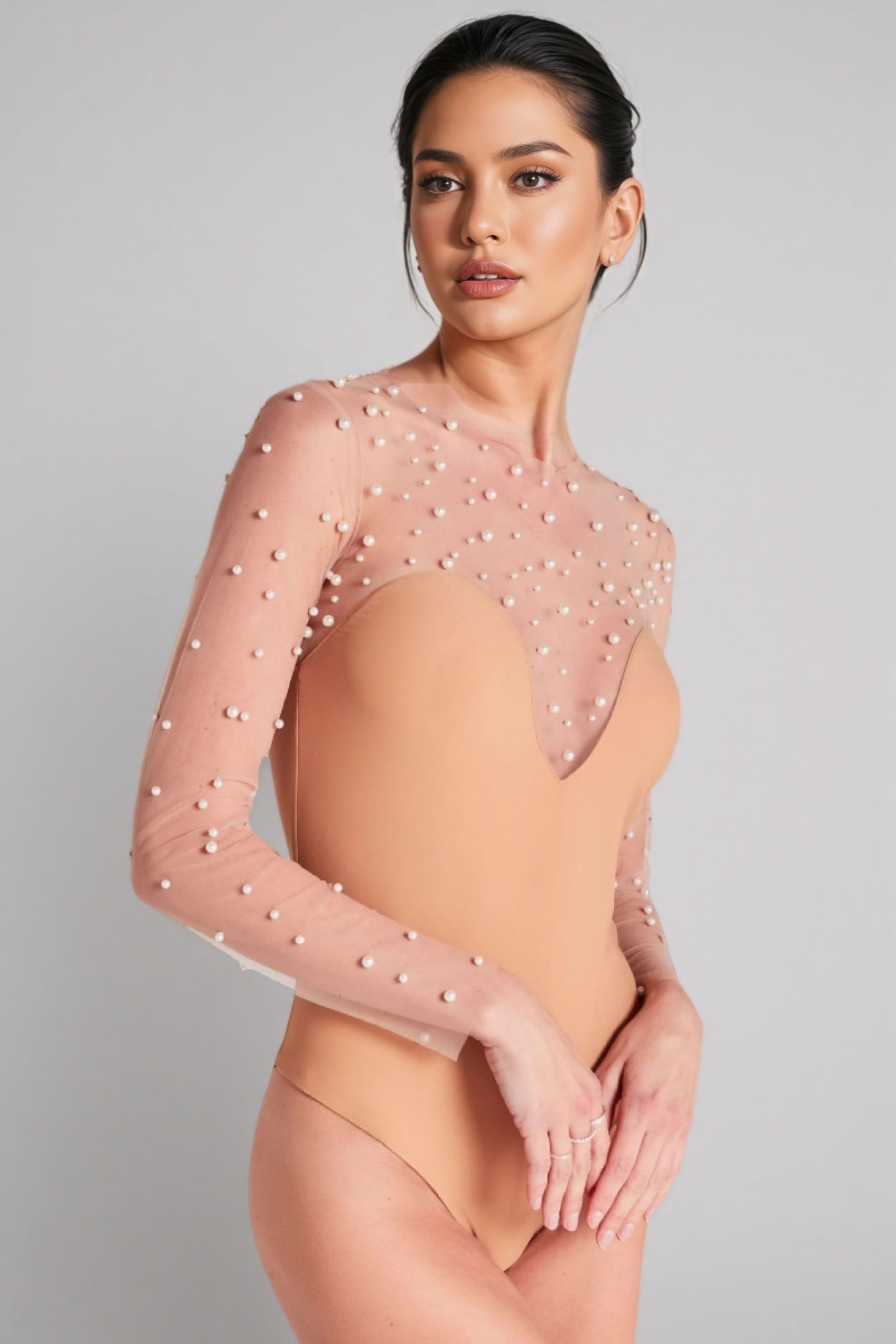 Mesh Pearl Embellished Tuxedo Lapel Belted Wide Leg Jumpsuit