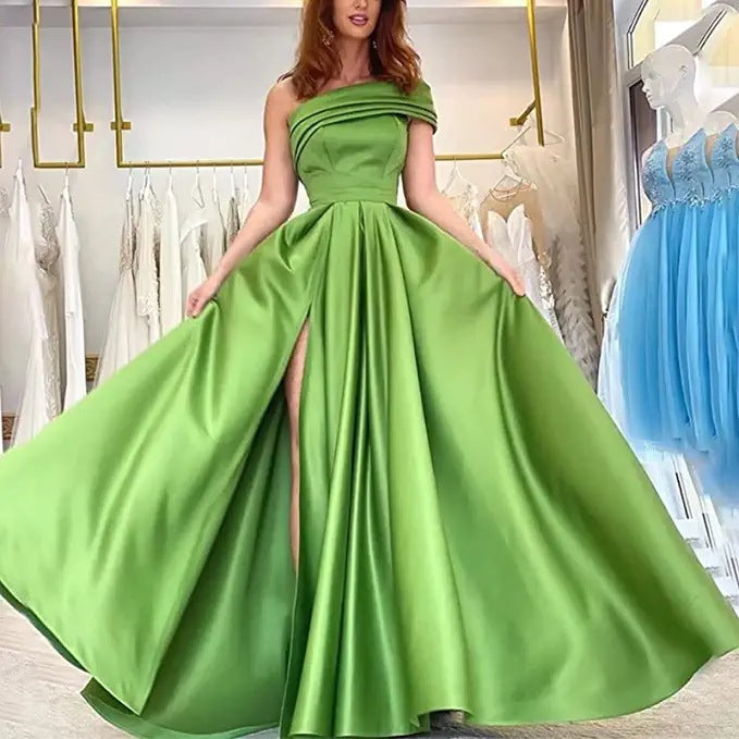 One Shoulder Satin Evening Birthday Cocktail Petti dress Green High Slit Sexy