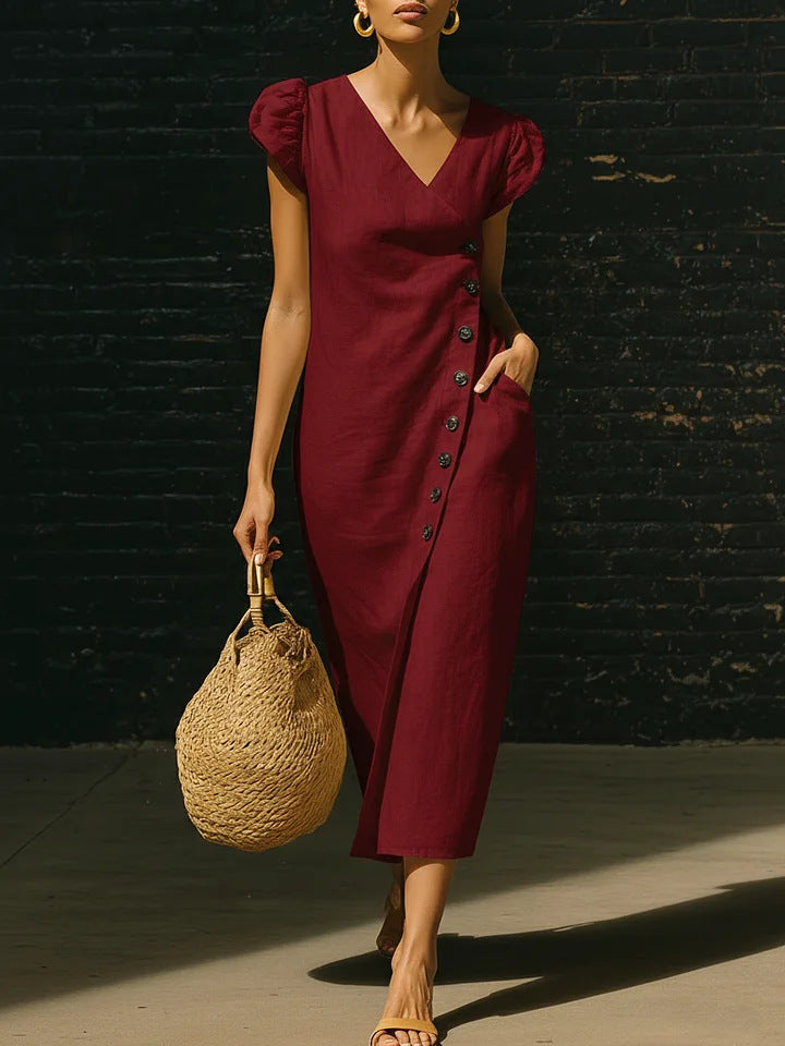 V-Neck Cap Sleeve Side Button Linen Midi Dress 6