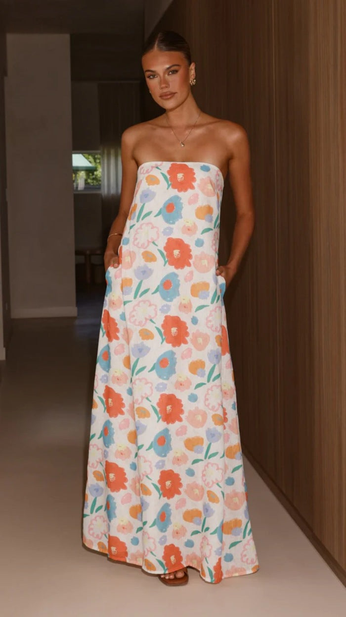 Floral Print Strapless Bandeau Column Maxi Dress 2