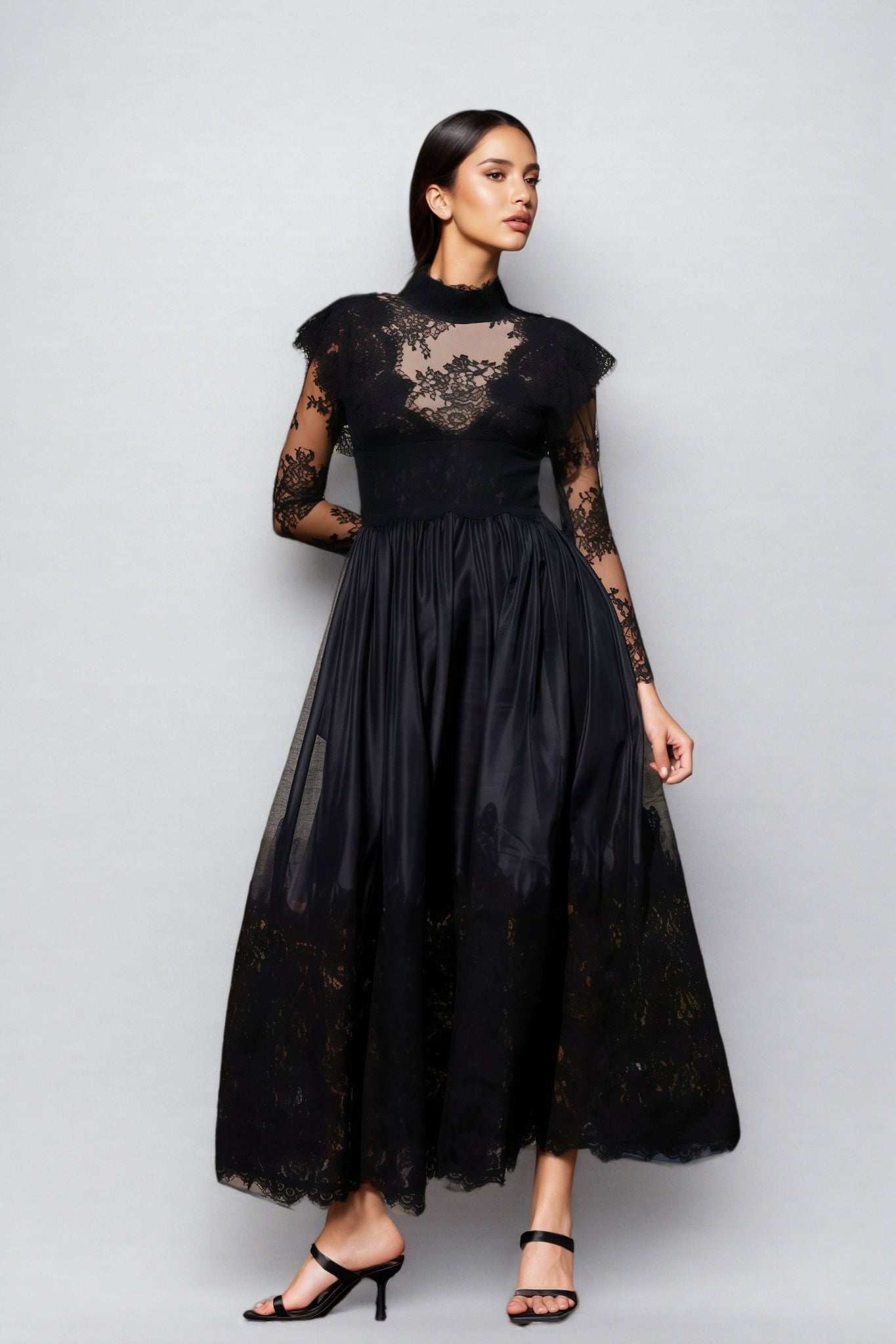Milda Black Floral Lace Stitching Maxi Dress - View 4