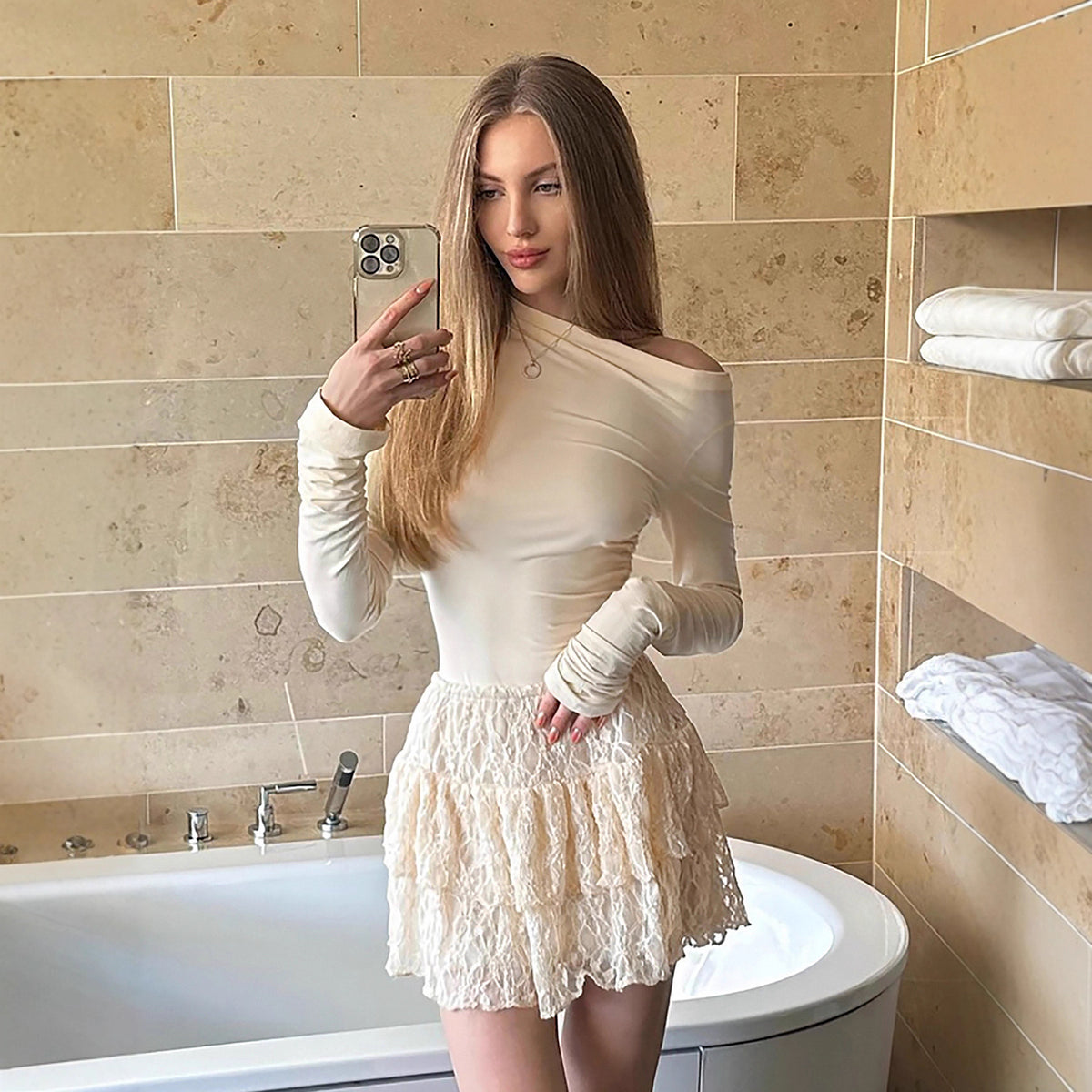 Off Shoulder Long Sleeve Fitted Bodice Tiered Lace Skirt Mini Dress 3