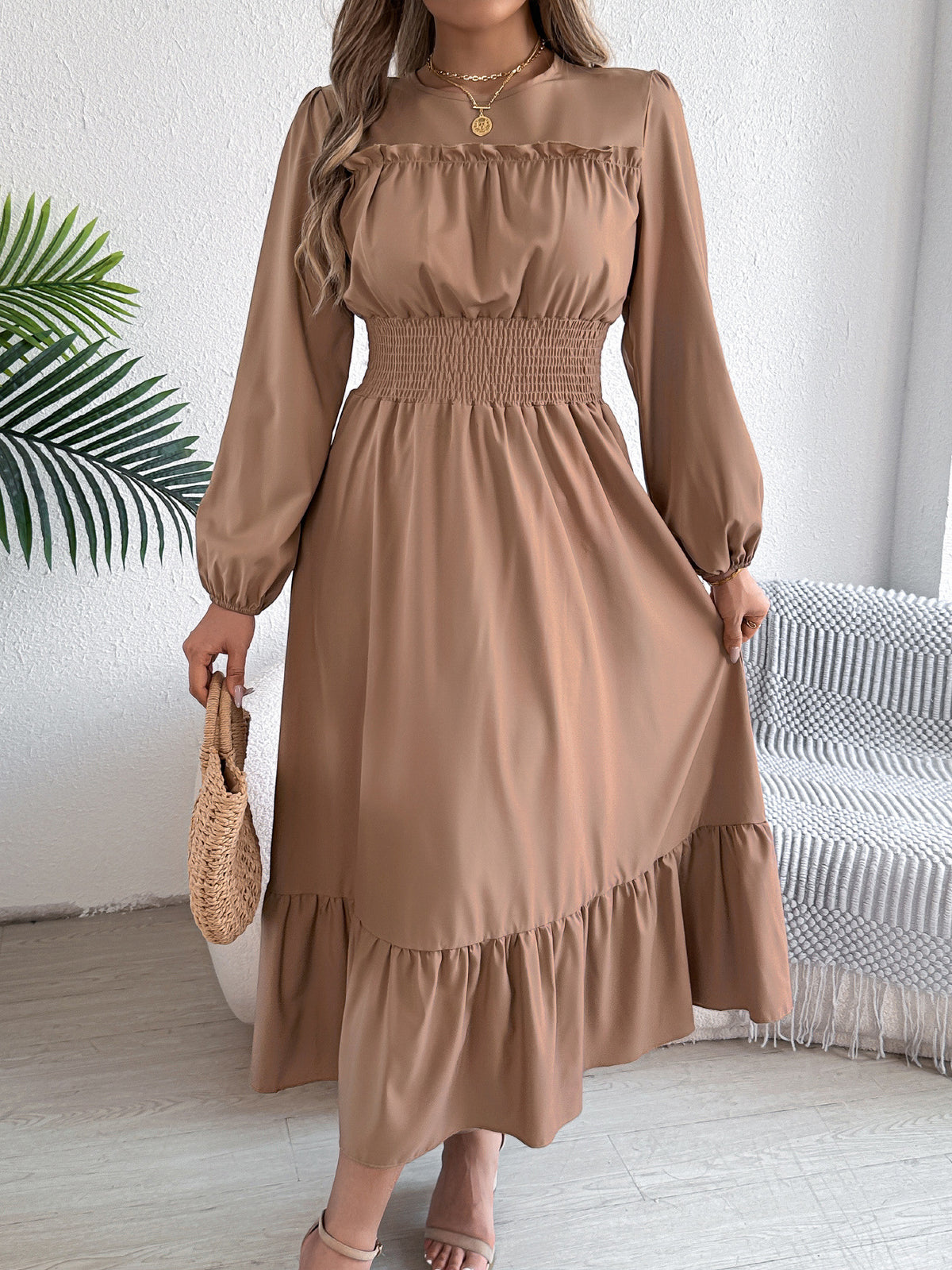 Crew Neck Long Sleeve Ruffle Yoke Smocked Waist Tiered Hem Maxi Dress 2