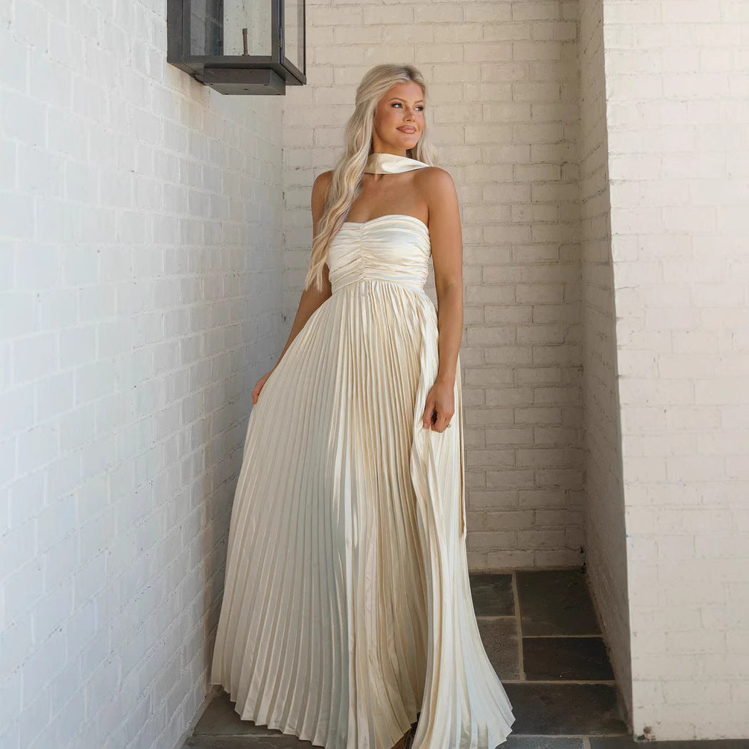 Summer Dress Sexy Solid Color Backless High Waist Pleated Dress