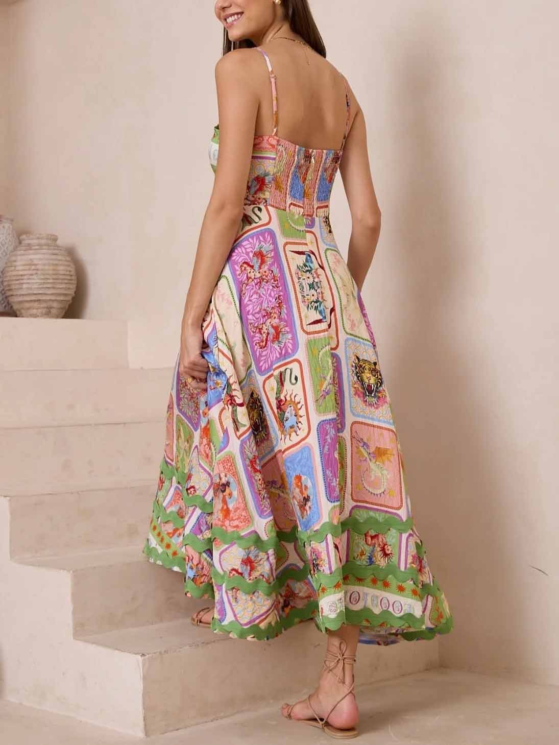 Patchwork Print Spaghetti Strap Scallop Trim Maxi Dress 3