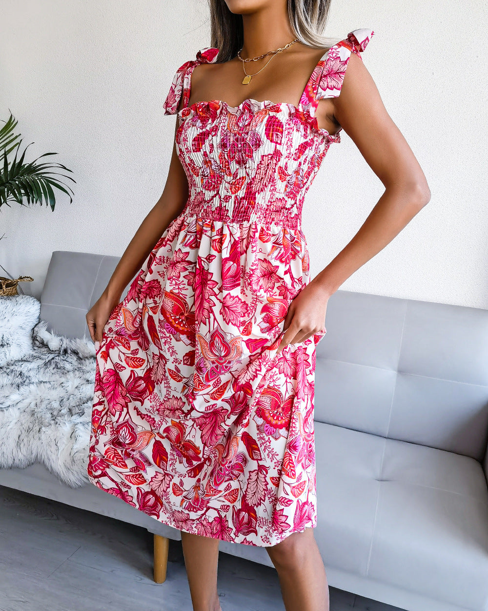 Floral Print Square Neck Ruffle Tie Strap Smocked A-Line Midi Dress