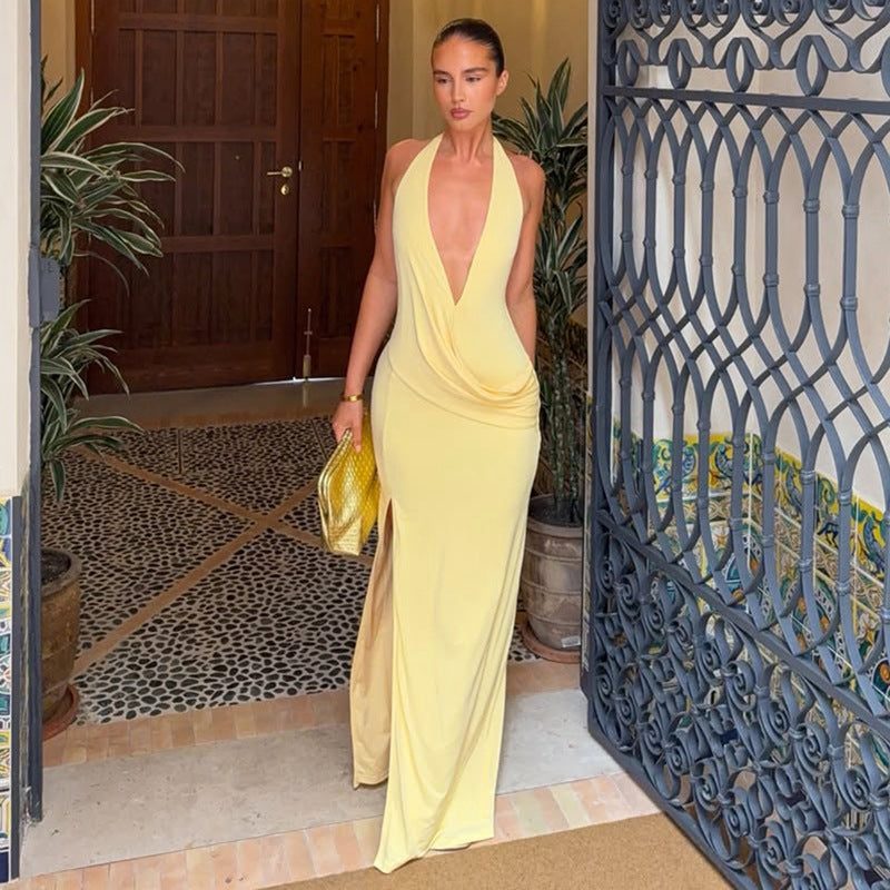 Women Clothing Summer Sexy Low Cut Deep V Plunge neck Halter Strap Backless Slit Dress