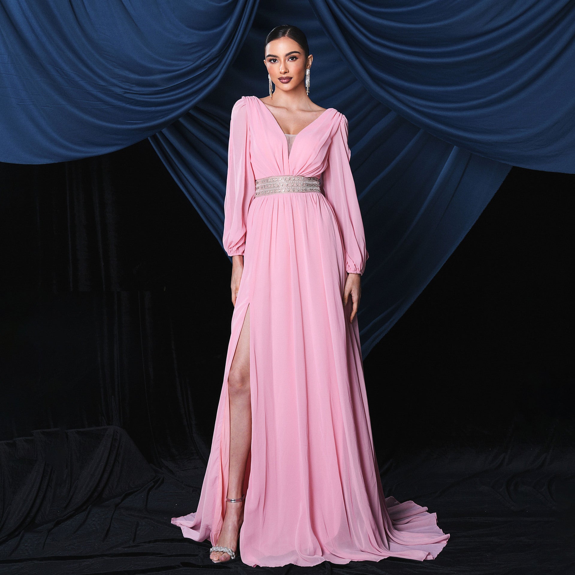 Chiffon Deep V-Neck Long Sleeve High Split Flowy Maxi Dress