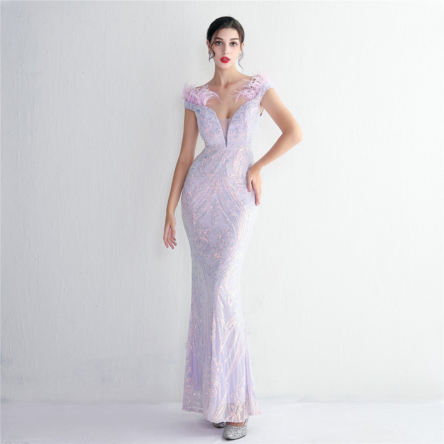 Off Shoulder Feather Deep V-Neck Sequin Mermaid Gown