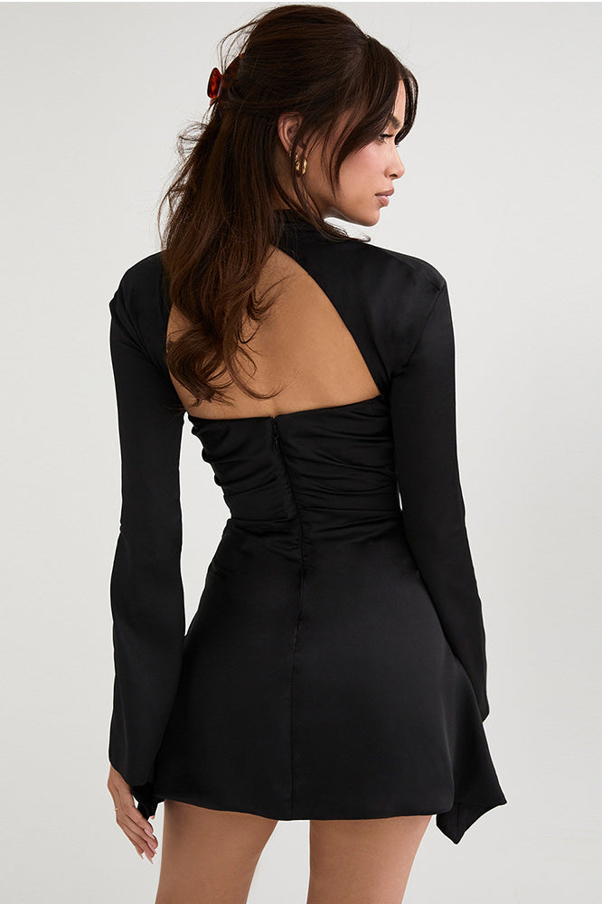 Satin Cowl Neck Long Sleeve Cut Out Ruched Bodycon Dress