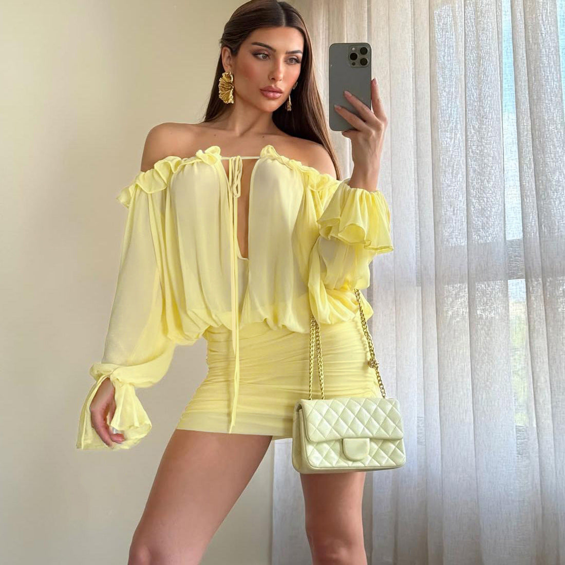 Off Shoulder Sheer Ruffle Blouson Sleeve Keyhole Ruched Mini Dress