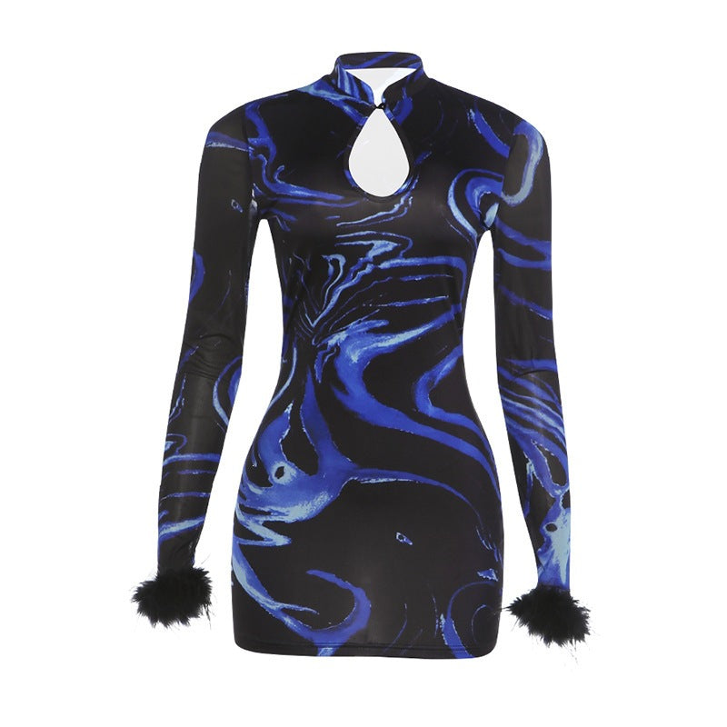 Swirl Print Sheer Mesh Mock Neck Keyhole Cut Out Long Sleeve Bodycon Mini Dress 5