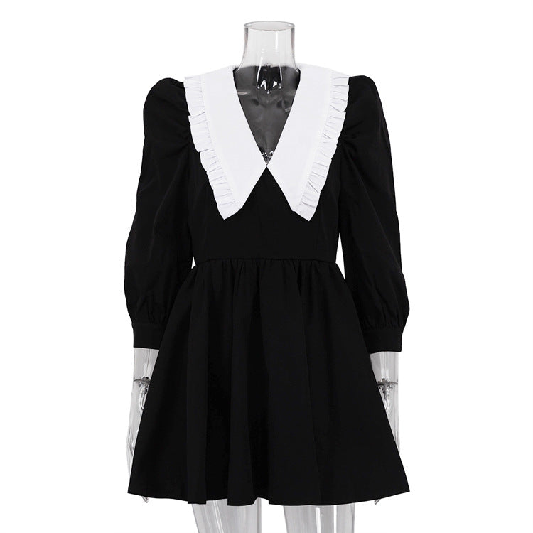 French Black White Contrast Color Doll Collar Short Elegant Pleated A line Dress