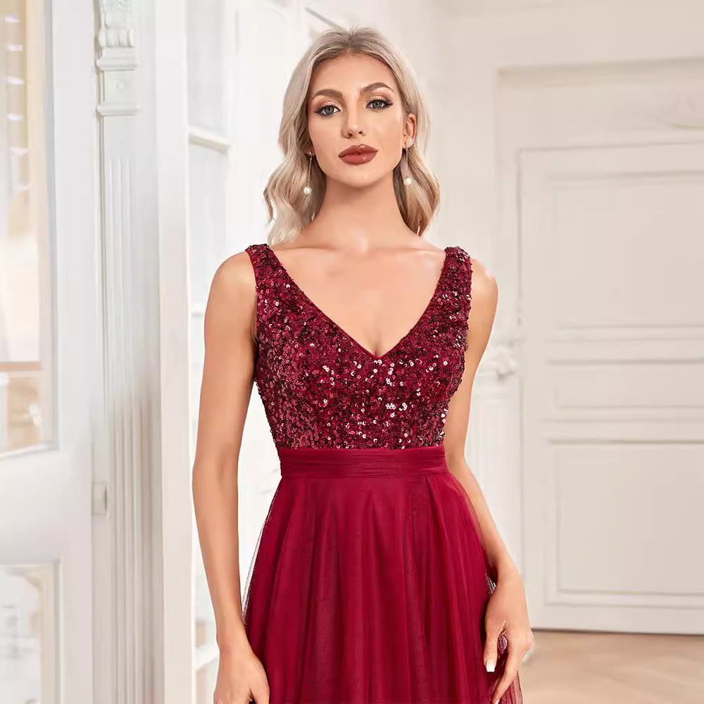 Sequin V-Neck Tulle High Low Midi Dress