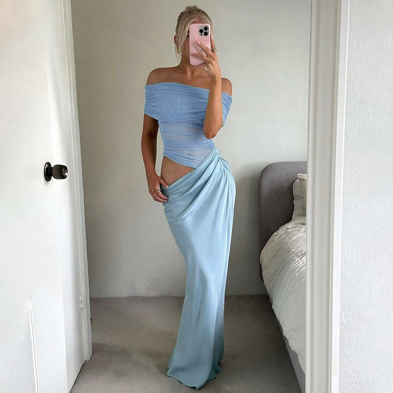 Off Shoulder Ruched Asymmetric Drape Hip Maxi Gown