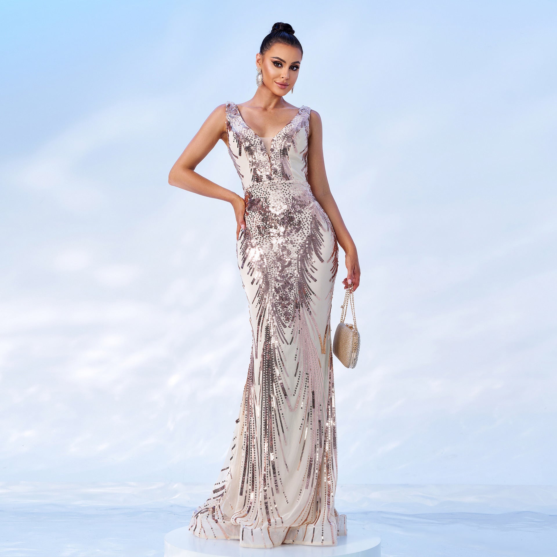 Sequin Deep V-Neck Sleeveless Beaded Mermaid Maxi Dress