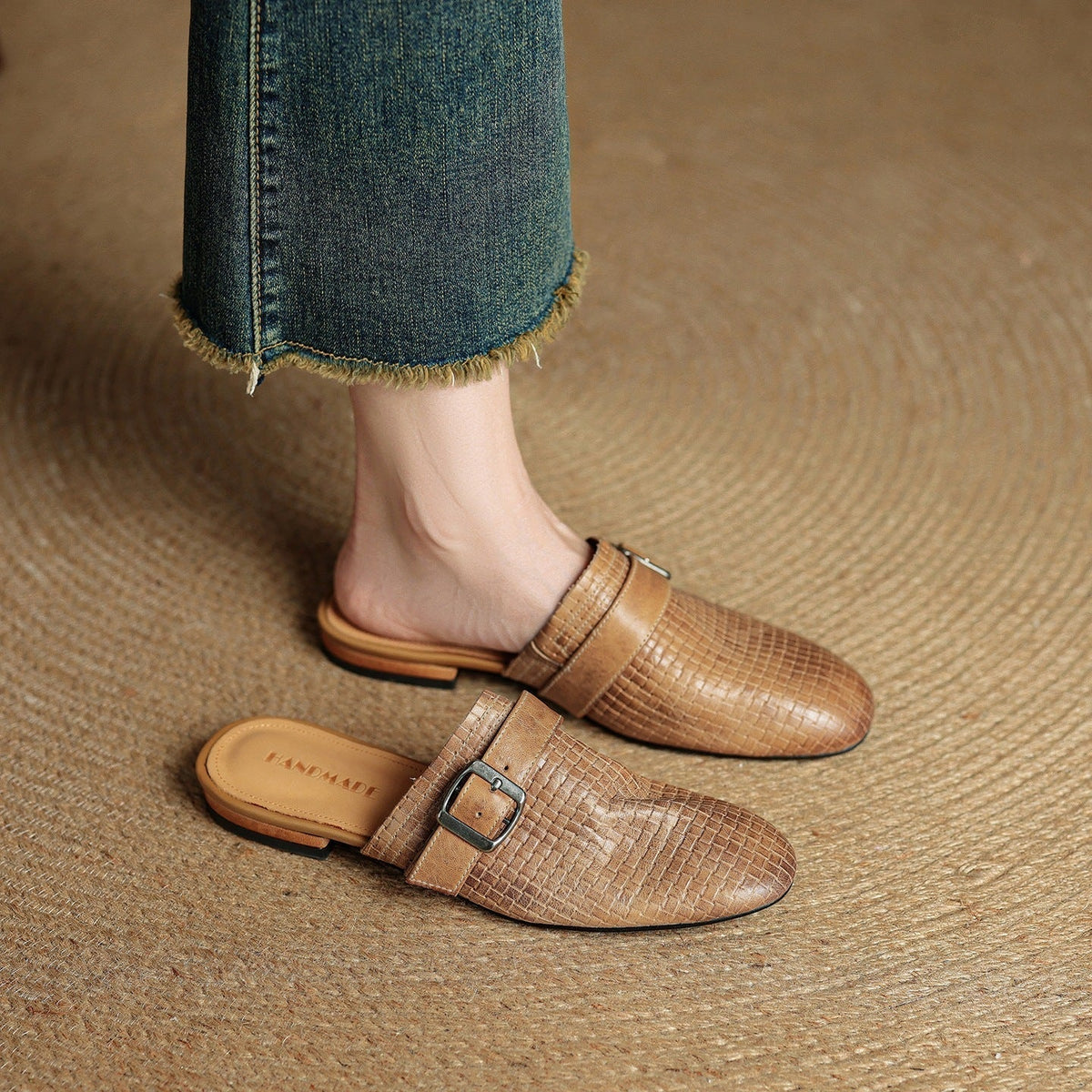 Croc Print Square Toe Buckle Flat Mules