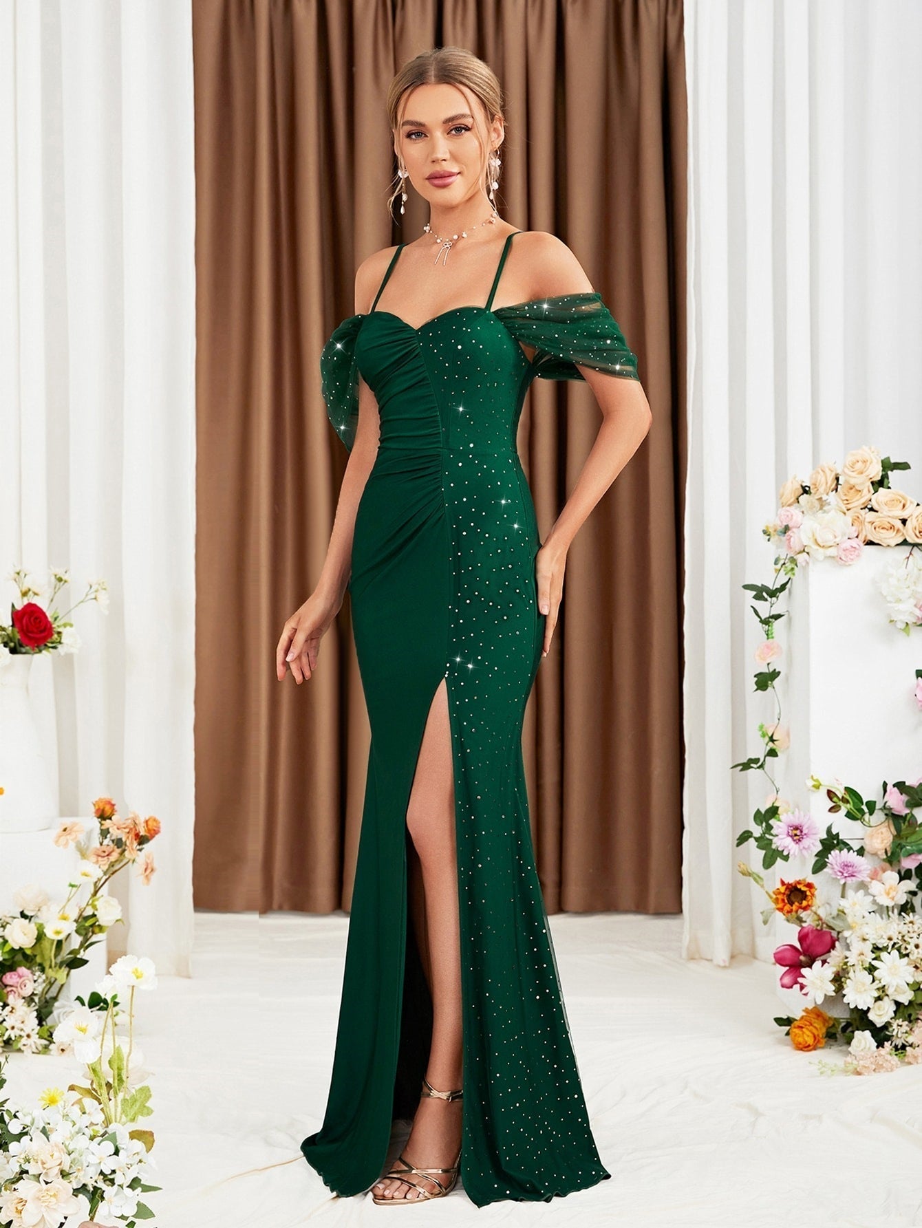 Cold Shoulder Sweetheart Ruched High Split Mermaid Gown