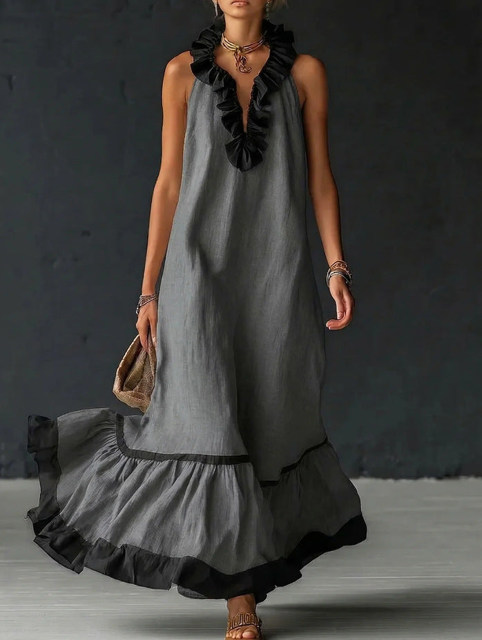 Sleeveless Ruffle Trim Tiered Linen Maxi Dress 9