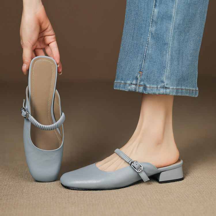 Square Toe Buckle Strap Mary Jane Mules