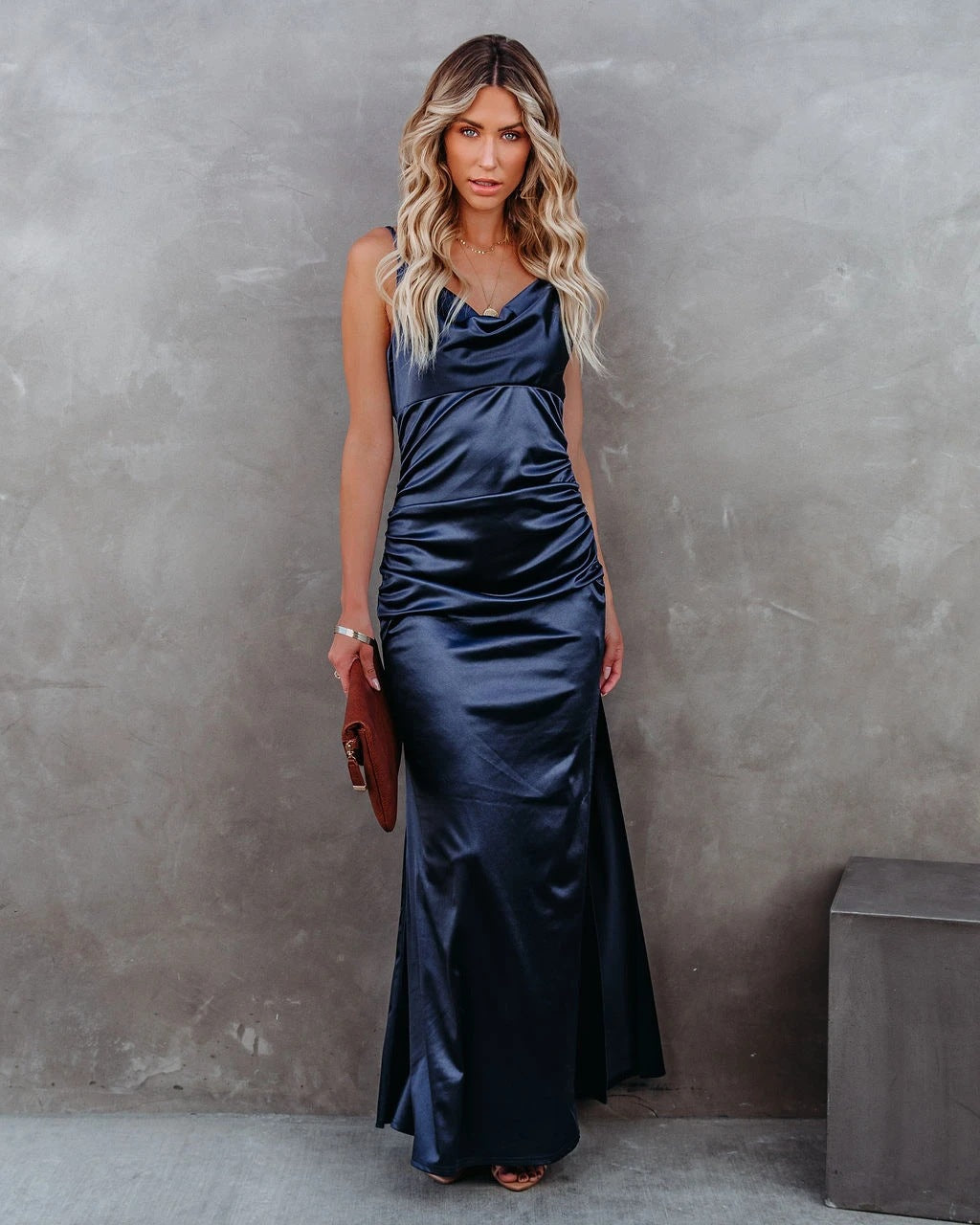 Plus One Satin Cowl Neck Maxi Dress Navy FINAL