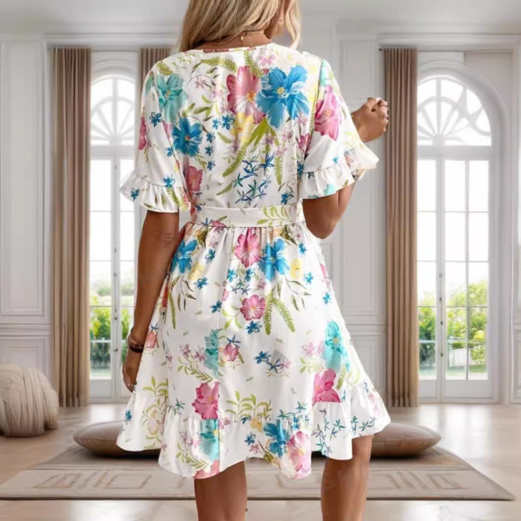 Floral Print Short Sleeve Tiered Ruffle Belted Mini Summer Dress
