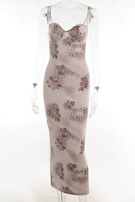 Floral Mesh Sweetheart Neck Lace Trim Corset Bodycon Maxi Dress