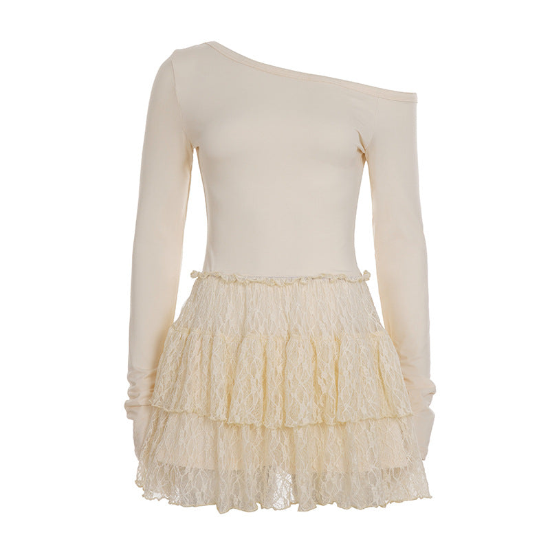 Off Shoulder Long Sleeve Fitted Bodice Tiered Lace Skirt Mini Dress 5
