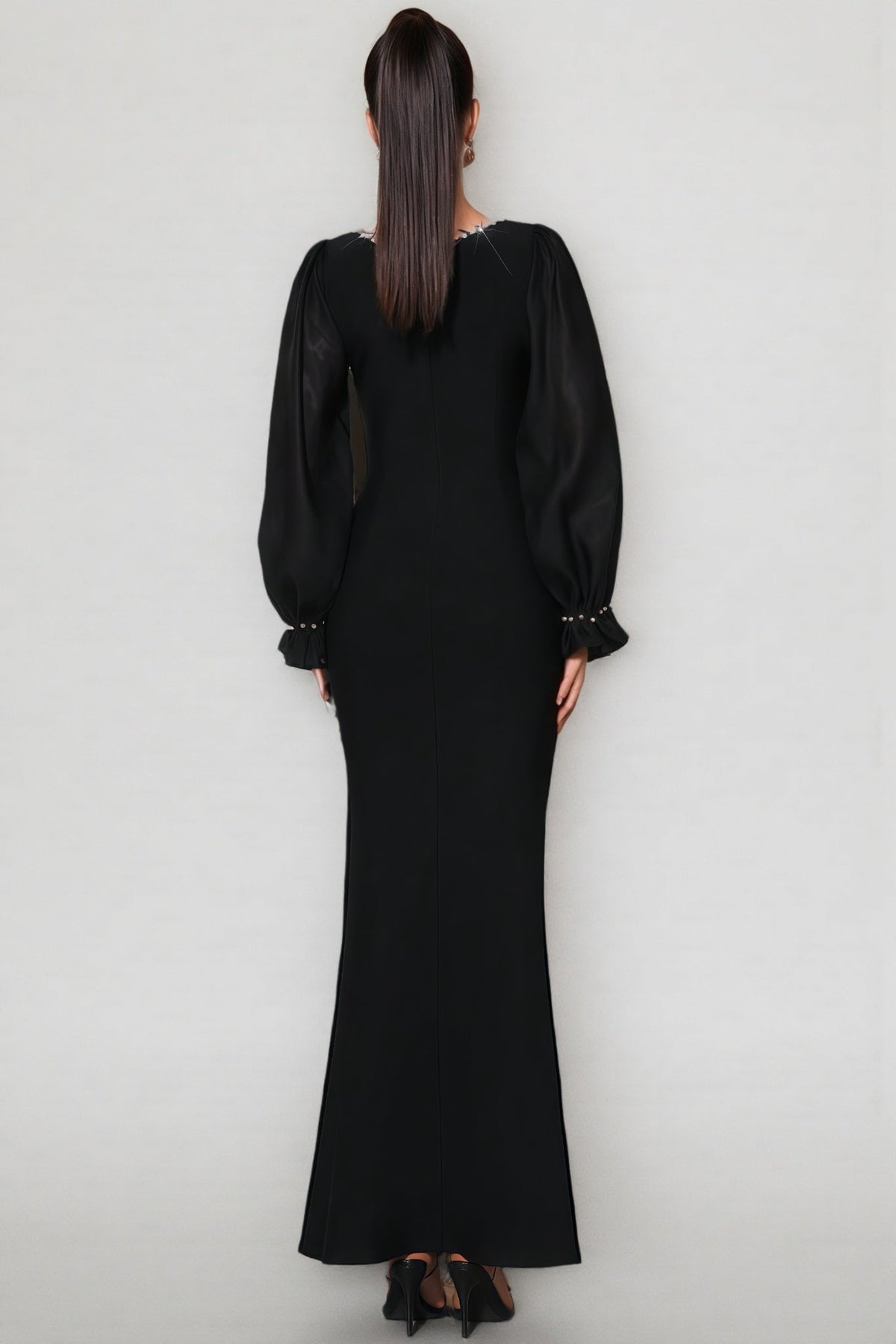 Square Neck Rhinestone Trim Sheer Balloon Sleeve Mermaid Maxi Dress 3