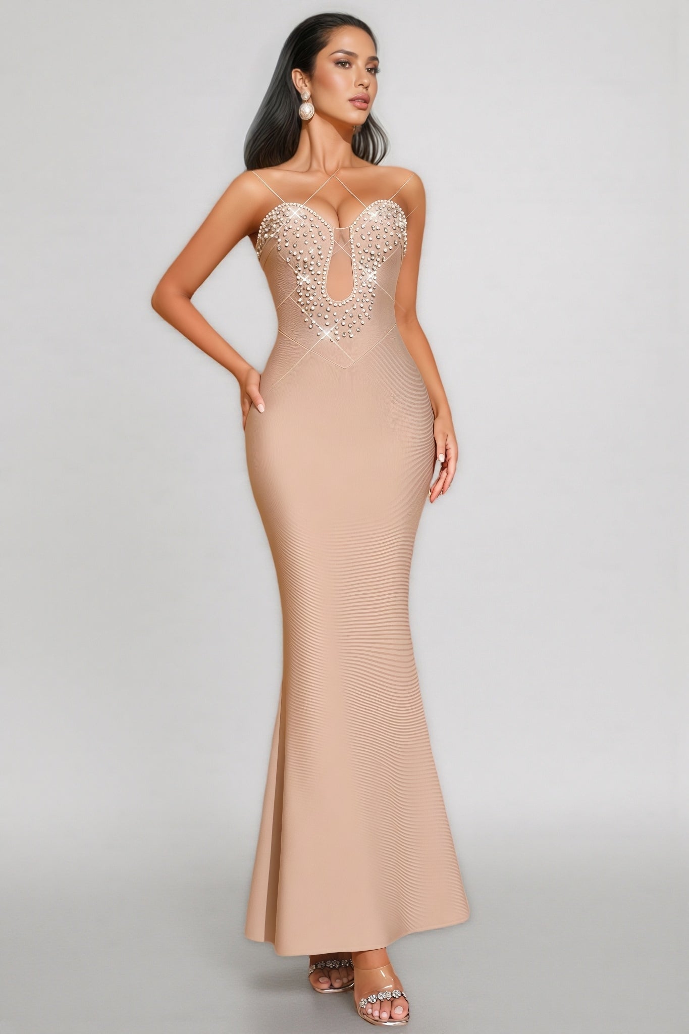 Pearl Rhinestone Sweetheart Plunge Illusion Mesh Bandage Mermaid Maxi Gown