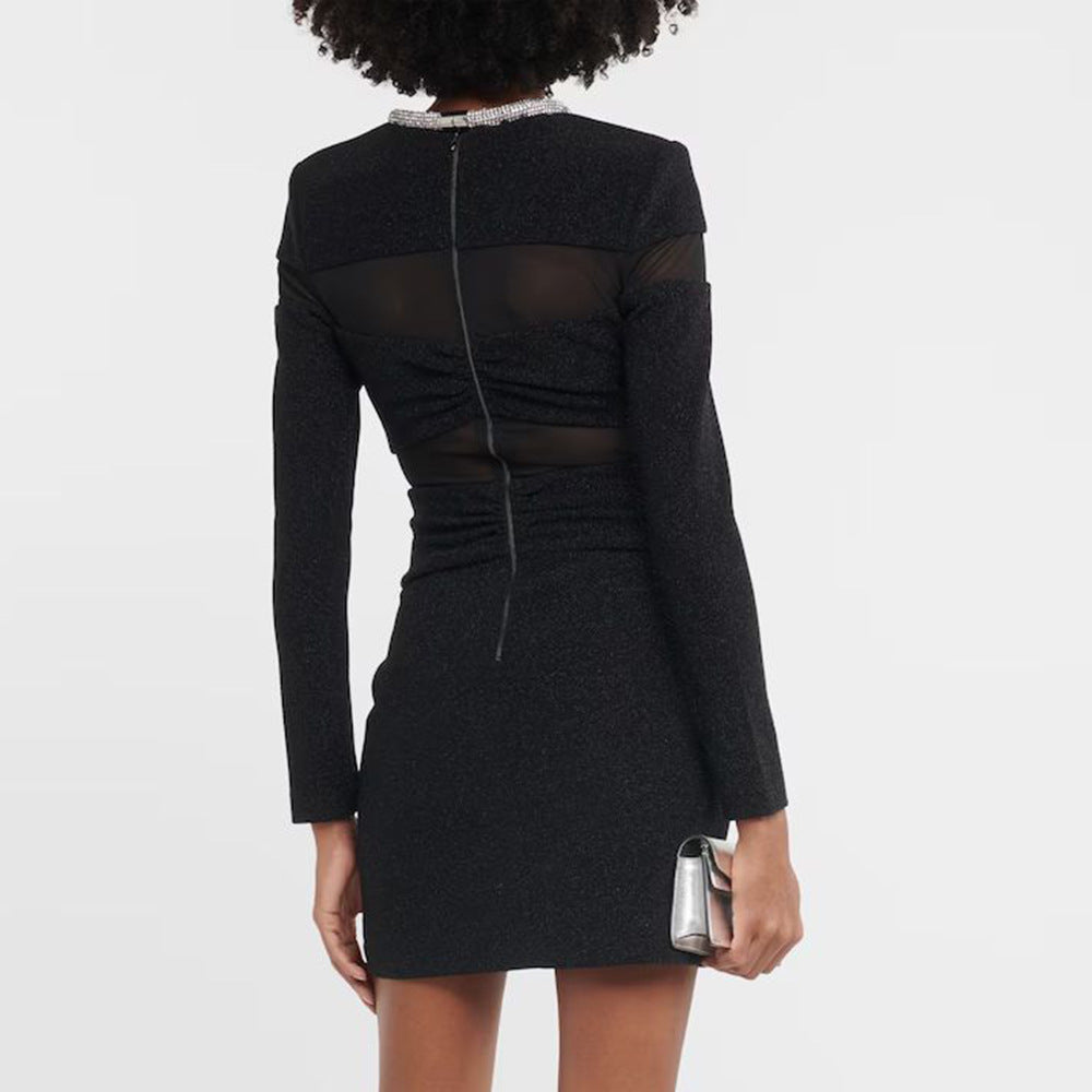 Bow Mesh Rhinestone Strip Dress Black Long Sleeve Semi Transparent - View 4