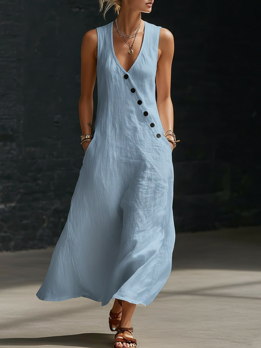 V-Neck Sleeveless Button Front Linen Maxi Dress 11
