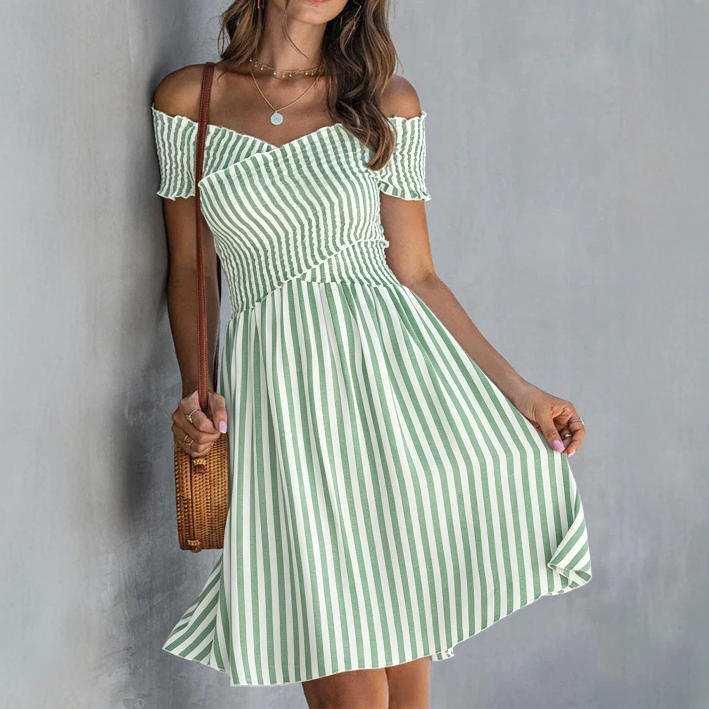 Striped Off Shoulder Short Sleeve Smocked Mini Dress 4