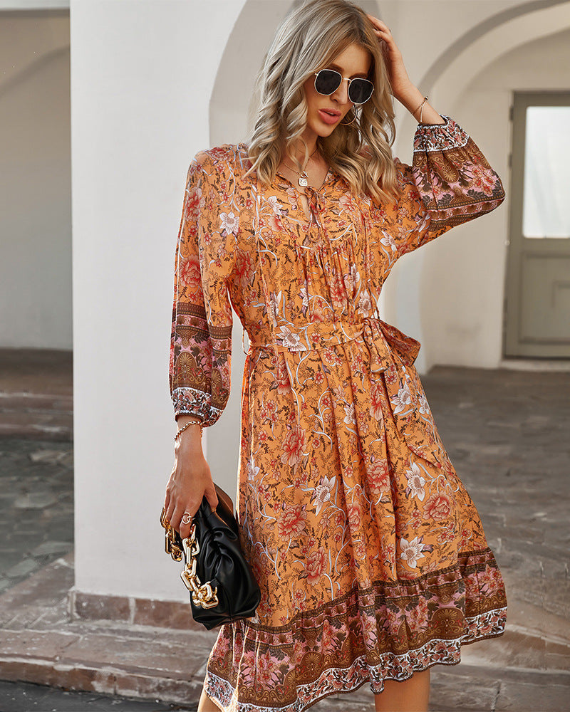 Satin Floral Ruffle Midi Dress