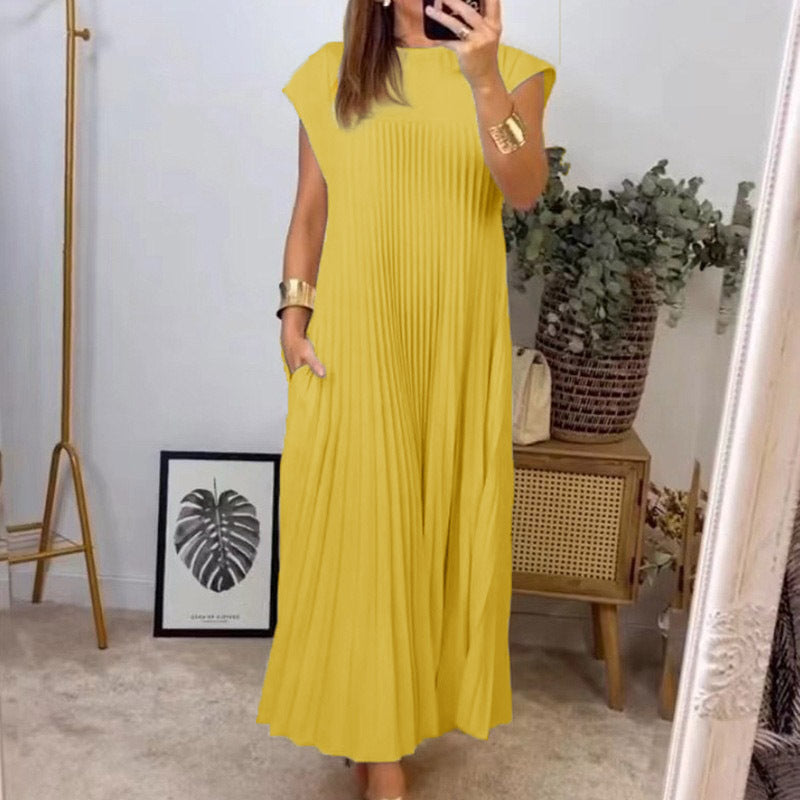 High Neck Cap Sleeve Pleated Loose Maxi Dress 9
