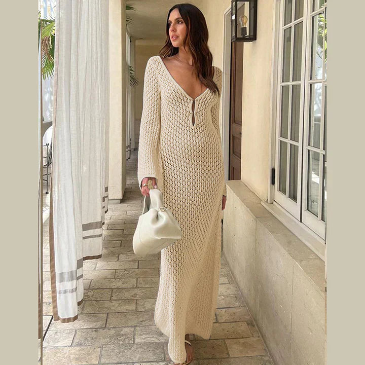 Open Knit Crochet Deep V-Neck Keyhole Bell Sleeve Bodycon Maxi Dress