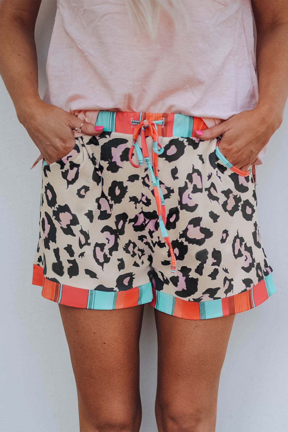 Leopard Patchwork Drawstring Shorts