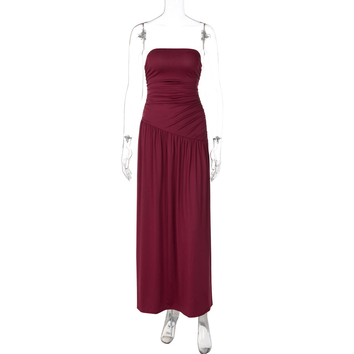 Strapless Ruched Bodice Drop Waist Pleated Maxi Dress 5