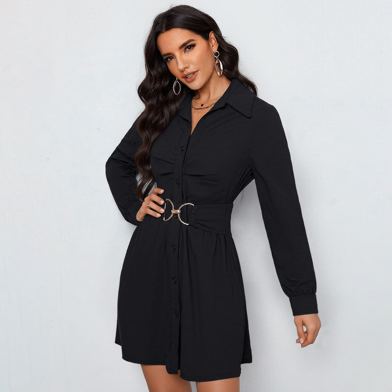 Collared Long Sleeve Button Front Buckle Belt Mini Shirt Dress 3