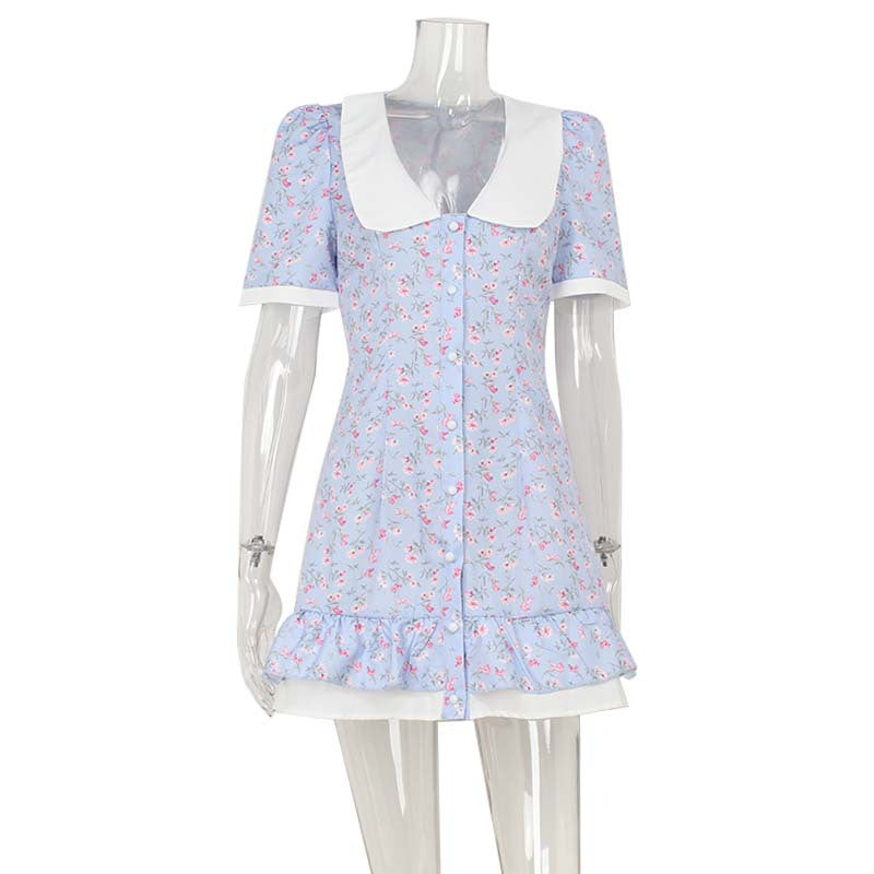 Ditsy Floral Contrast Collar Button Front Puff Sleeve Ruffle Hem Mini Dress 4