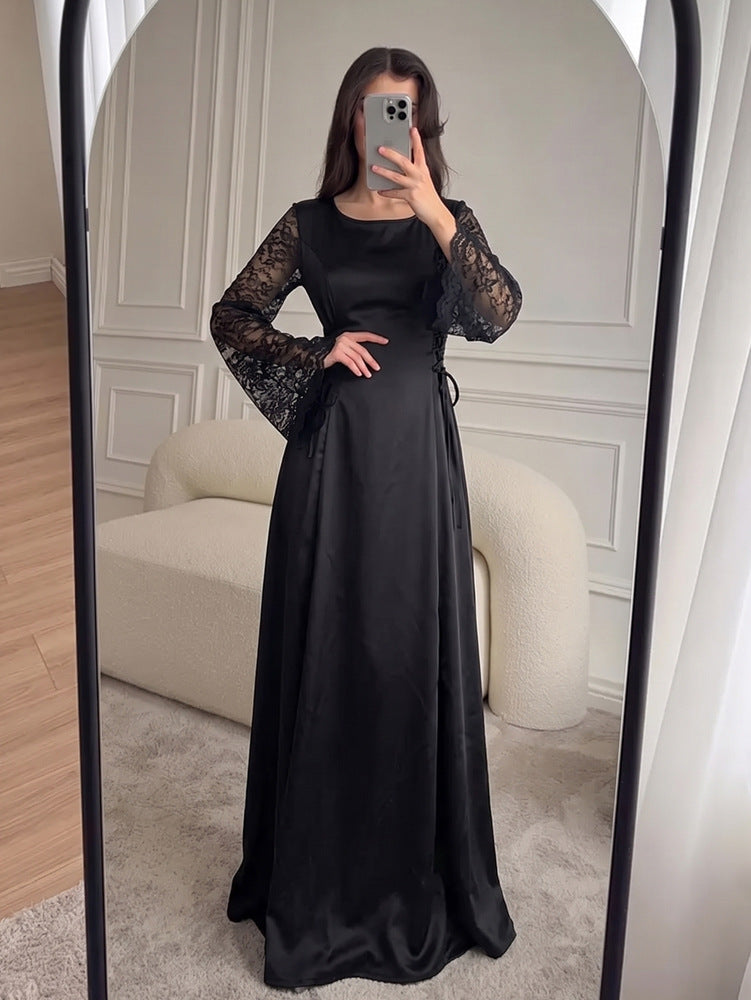 Satin Crew Neck Lace Bell Sleeve Side Lace Up A-Line Maxi Dress 2