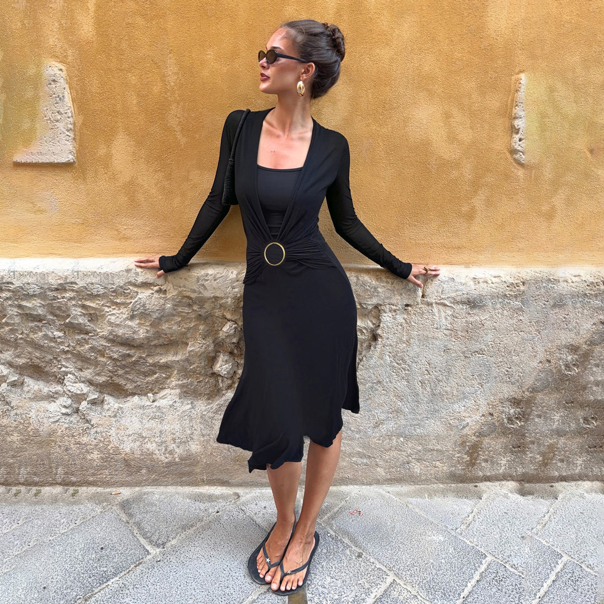 Street Retro Faux Two Piece Square Collar Metal Button Twist Long Sleeve Dress Casual All Matching Graceful Elegant Dress