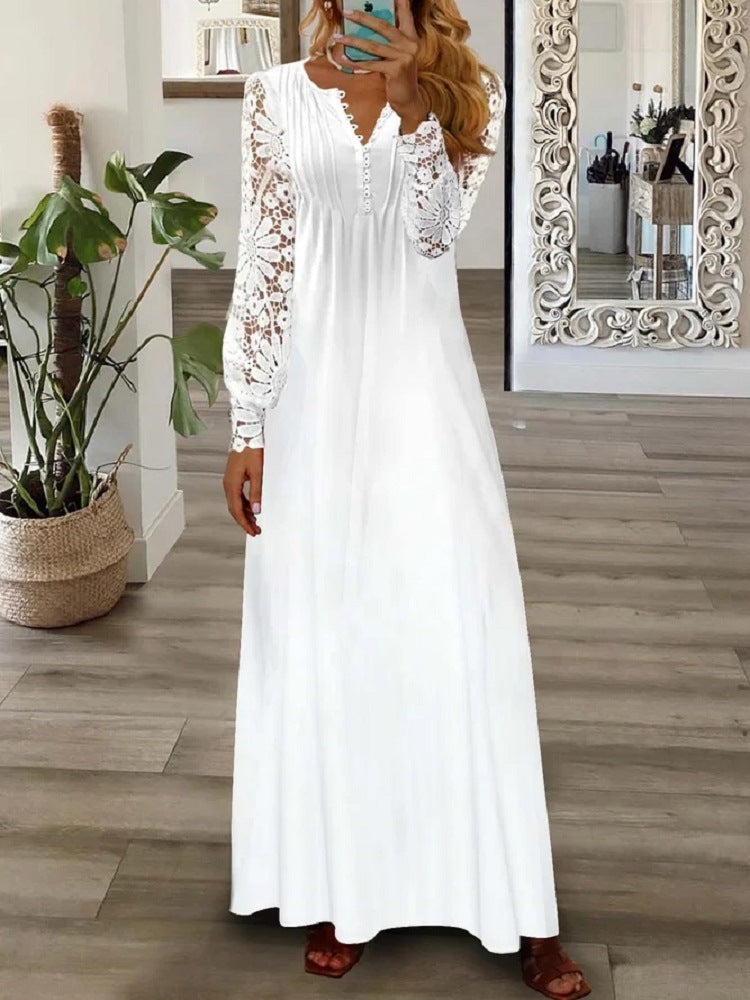 Lace Sleeve V-Neck Long Sleeve Pleated Maxi Dress 6