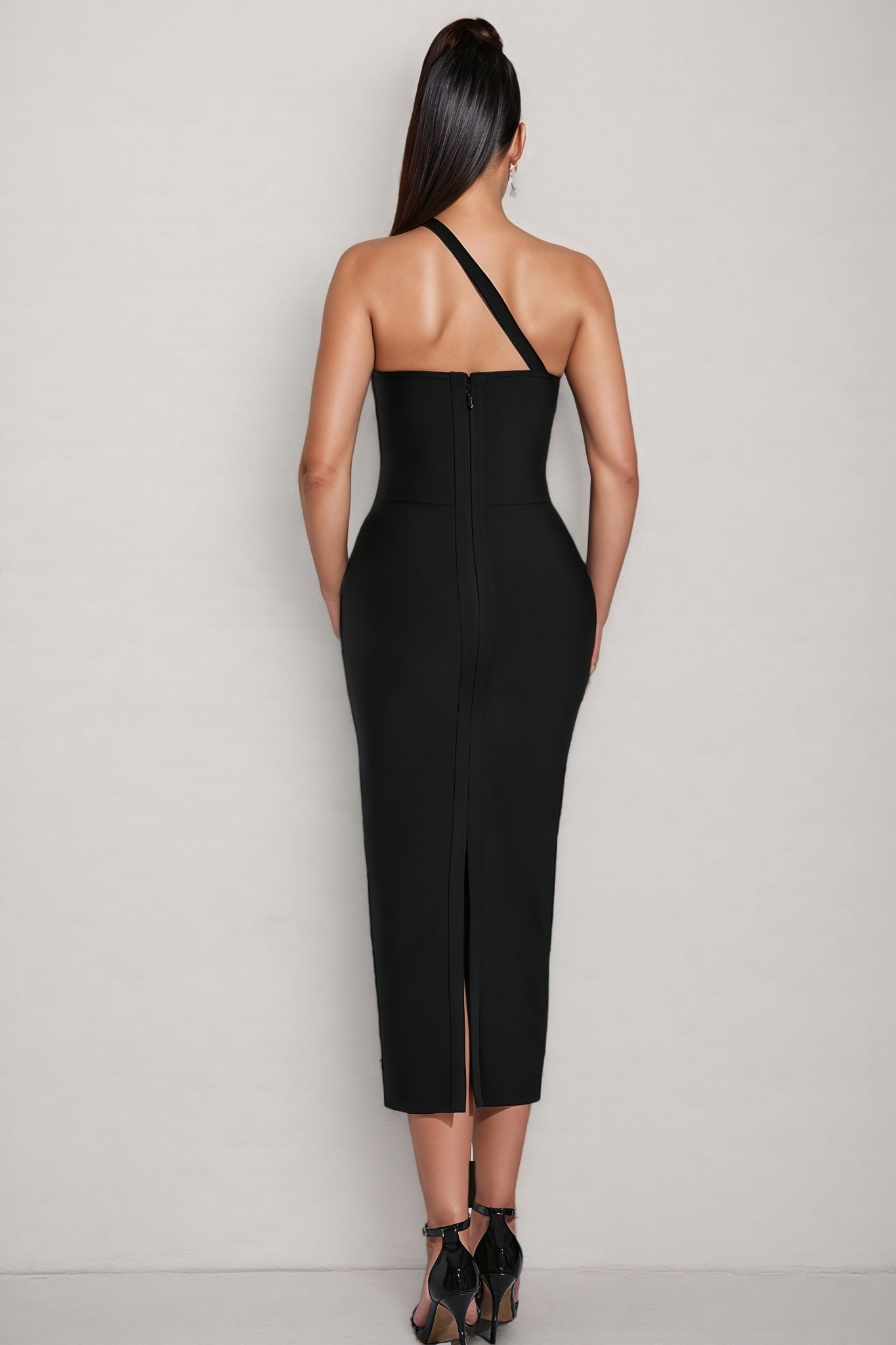 Crystal Trim Asymmetric Strap One Shoulder Bodycon Bandage Midi Dress