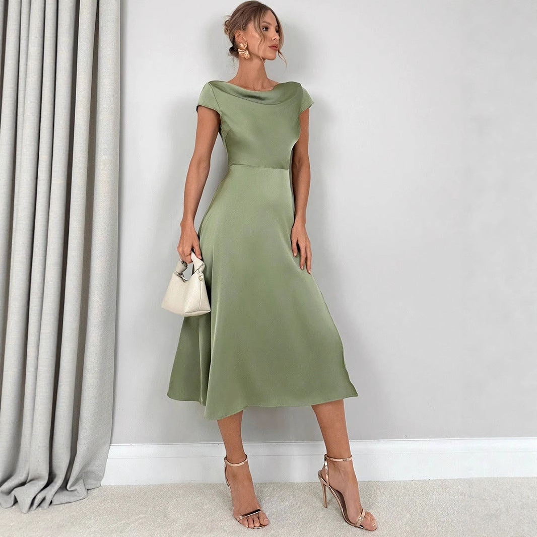 Women Clothing High Grade Summer Split Artificial Silk Dress Satin Long Dress