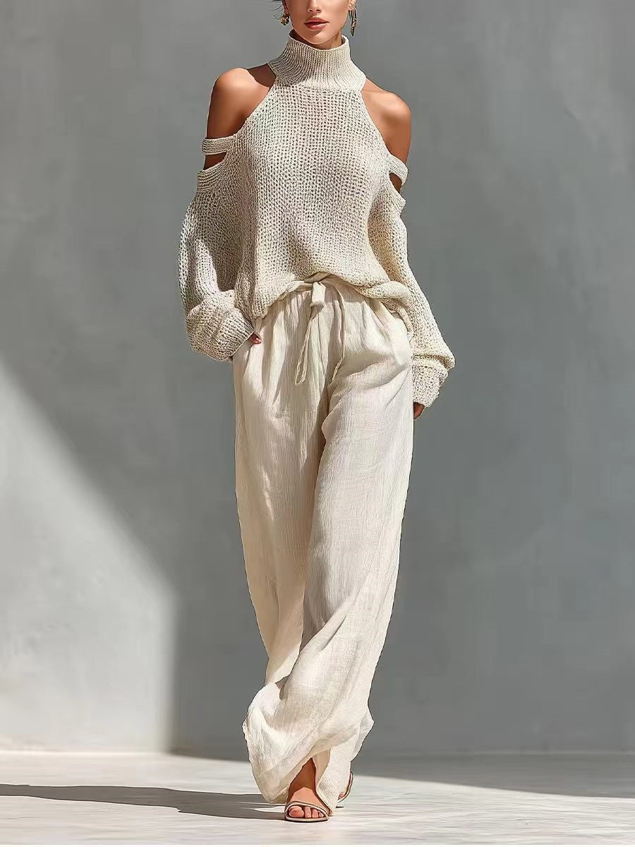 Turtleneck Cold Shoulder Knit Sweater and Wide Leg Pants Two Piece Set