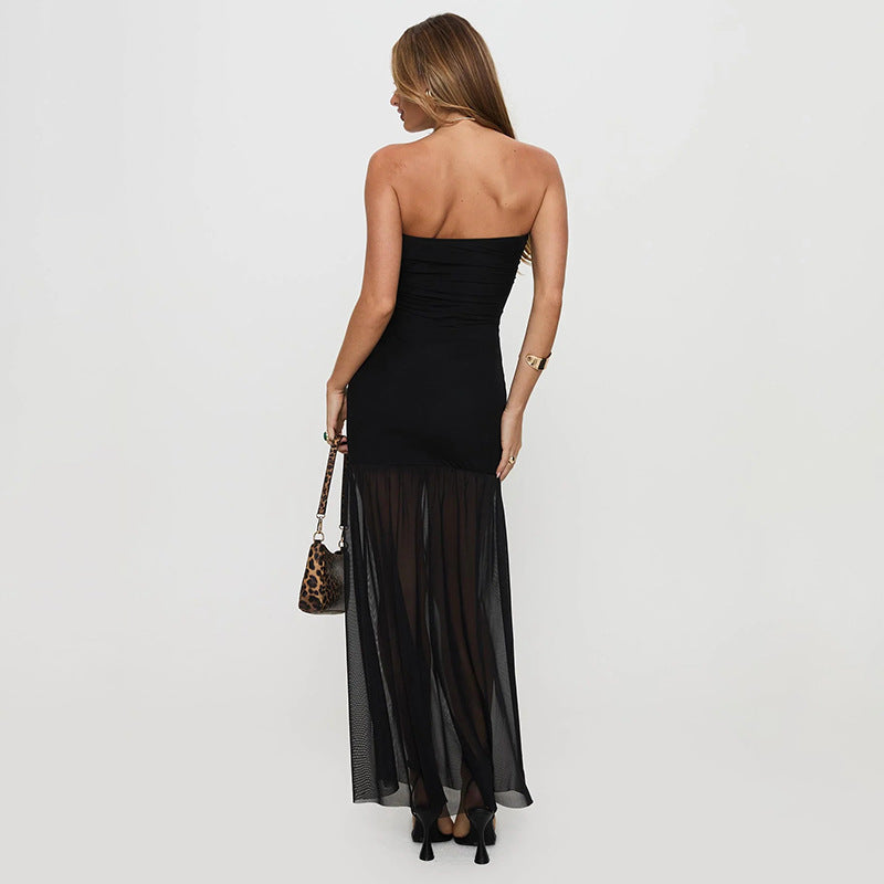 Strapless Ruched Bodycon Mesh Skirt High Split Maxi Dress 2