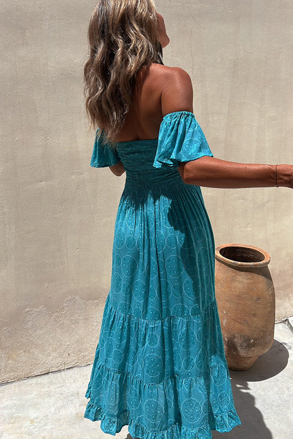 Summer Printed Elastic off Neck Large Swing Dress