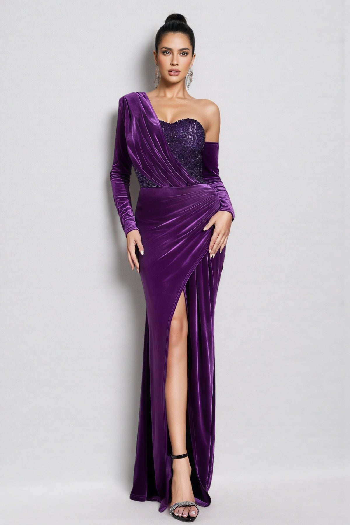 Velvet One Sleeve Draped Sequin Bodice High Split Maxi Gown