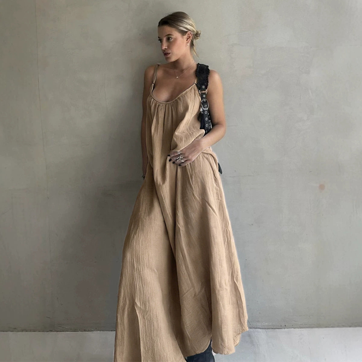 Crinkle Texture Scoop Neck Sleeveless Loose Flowy Cami Maxi Dress